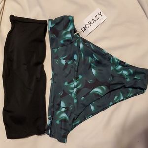 12 Crazy Women's Bandeau 2piece Bikini, Black w/ Monstera Print, Large